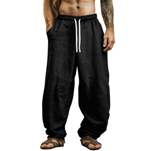 Domuza Linen Pants for Men Big and Tall Casual Baggy Yoga Beach Long Pants Elastic Drawstring Waistband Summer Pant Sweatpants Black 2XL