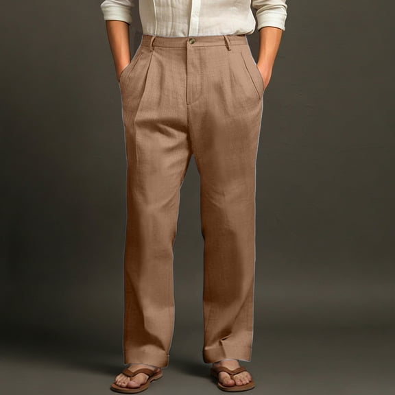 Domuza Linen Pants for Men Casual Fashion Pleated Straight Leg Pleated Slacks Spring Summer Baggy Lightweight Beach Pants with Pockets Brown 3XL