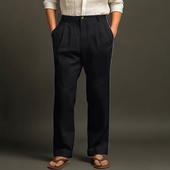 Domuza Linen Pants for Men Casual Fashion Straight Leg Pleated Dress Trousers Spring Summer Loose Fit Lightweight Beach Pants with Pockets Black 2XL
