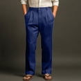 thumbnail image 1 of Domuza Linen Pants for Men Casual Stylish Straight Leg Pleated Pleated Slacks Spring Summer Relaxed Fit Lightweight Beach Pants with Pockets Navy XL, 1 of 5