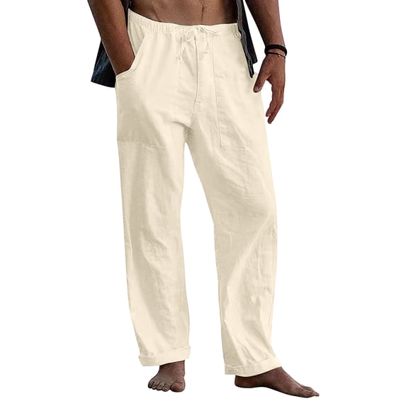 Domuza Linen Pants for Men Yoga Beach Loose Fit Casual Elastic Waist Drawstring Summer Stylish Trousers with Pockets Khaki 2XL