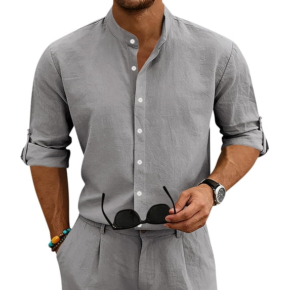 Domuza Linen Shirts for Men Long Sleeve Button Down Shirt Band Collar Beach Summer Casual Shirts Dark Gray 3XL