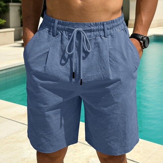 Domuza Linen Shorts for Men Drawstring Loose Fit Solid Color Elastic Waist Straight Leg Summer Casual Beach Bermuda Shorts Navy M