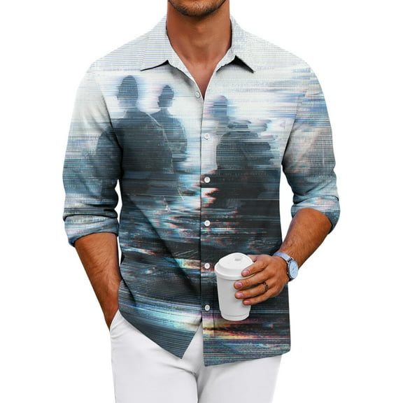 Domuza Long Sleeve Button Up Shirts for Men Halloween Funny Novelty Print Loose Fit T Shirts Casual Lightweight Collared Top for Halloween Party Gray L