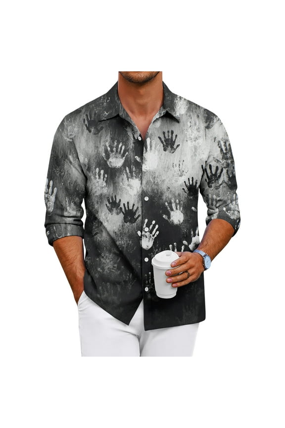 Long Sleeve Button Up Shirts for Men Halloween Horror Funny Print Relaxed Fit Tshirts Casual Lightweight Collared Top for Halloween Party Dark Gray L