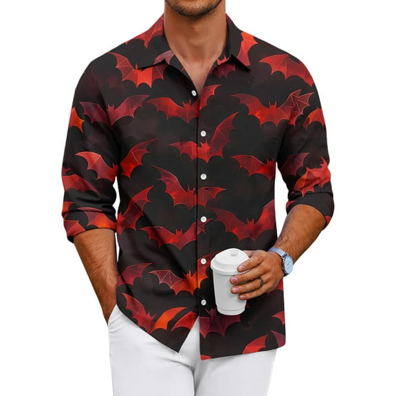 Domuza Long Sleeve Button Up Shirts for Men Halloween Novelty Horror Print Relaxed Fit T-Shirts Casual Lightweight Lapel Blouse for Halloween Party Wine XL