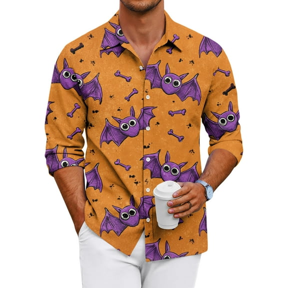 Domuza Long Sleeve Button Up Shirts for Men Halloween Novelty Novelty Print Loose Fit T Shirt Casual Lightweight Lapel Tops for Halloween Party Purple 2XL
