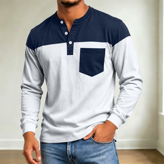 Domuza Long Sleeve Henley Shirts for Men Color Blocked Collared Shirts Button Up Casual Workout Athletic Pullover with Pocket