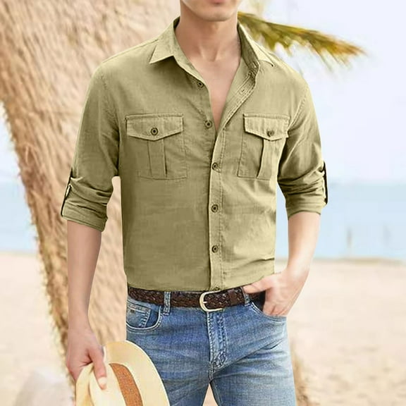 Domuza Long Sleeve Linen Shirt Men Casual Breathable Button Up Beach Tops Fall Comfy Lightweight Solid Color Collared Tee with 2 Pockets Khaki M