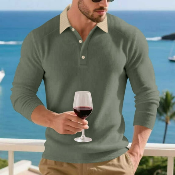 Domuza Long Sleeve Polo Shirts Men Casual Fashion Collared Button Down Outdoor T Shirt Fall Lightweight Solid Color Classic Fit Blouse Light Green L