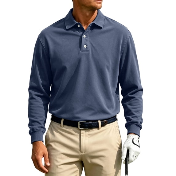 Domuza Long Sleeve Polo Shirts for Men Classic Button Golf Shirt Fall Casual Collared Thermal Work Pullover Tops Navy 2XL