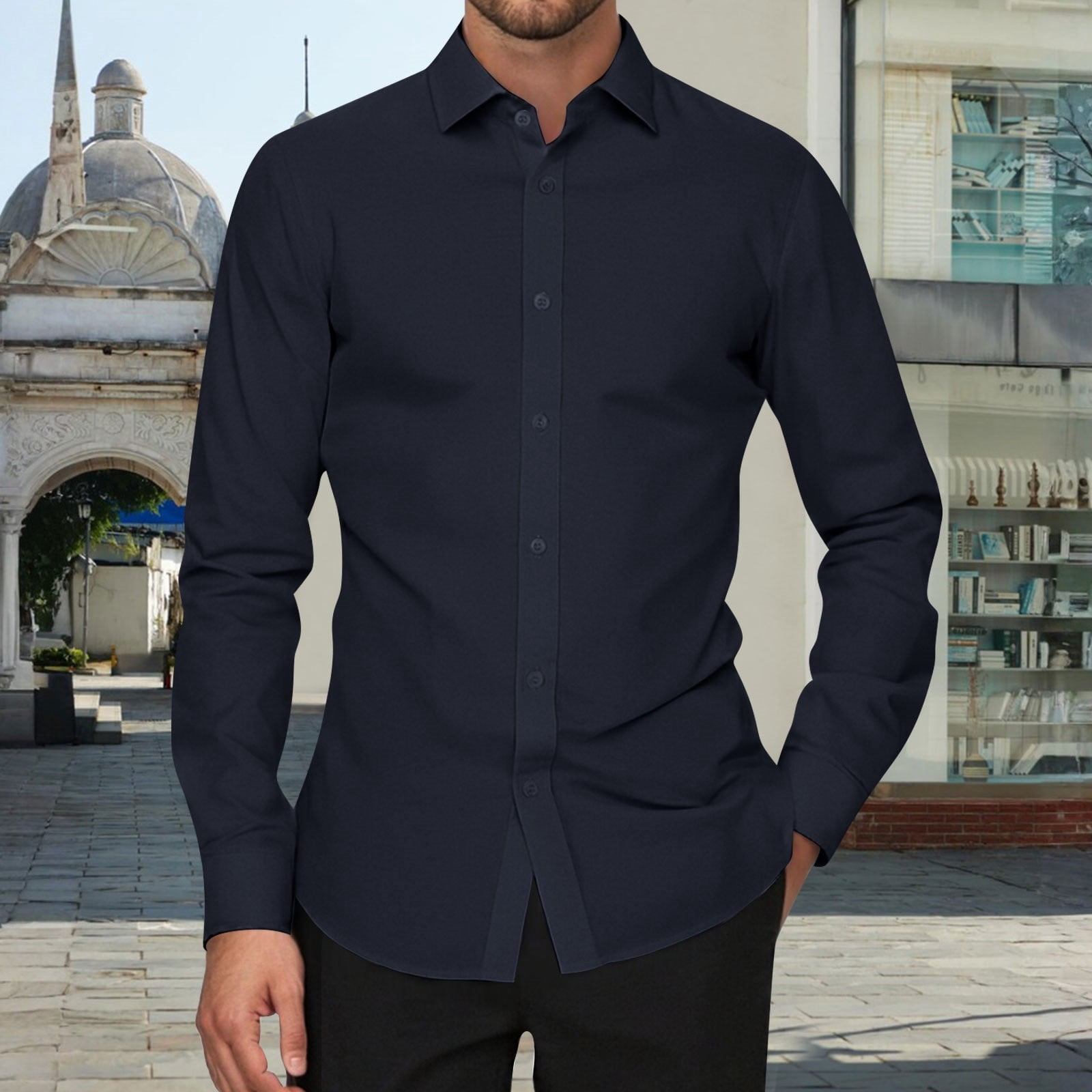 black collared dress shirt Men's Long Sleeve Shirt, Stain Repellent, Wrinkle Resistant This patent pending shirt is woven for comfort and designed for style Domuza Button Down Shirt Men