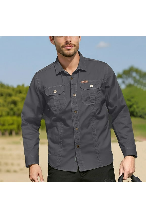 Long Sleeve Work Shirts for Men Breathable Lightweight Button Down Hiking Shirt Classic Western Casual Retro Loose Fit Tshirts with Two Pockets Dark Gray L