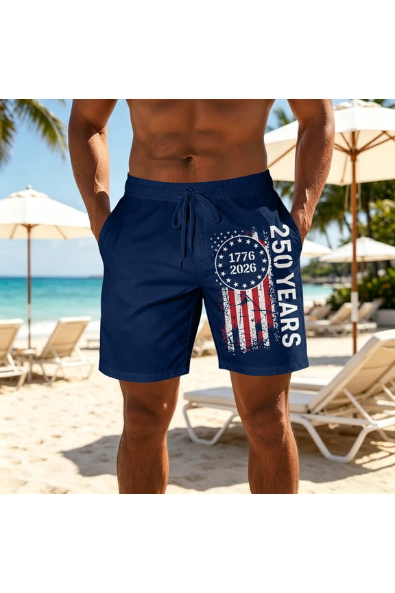 Men 4th of July Patriotic Board Shorts, USA Flag Printed 250 Anniversary Shorts, Independence Day Vintage Casual Swim Trunks Blue L