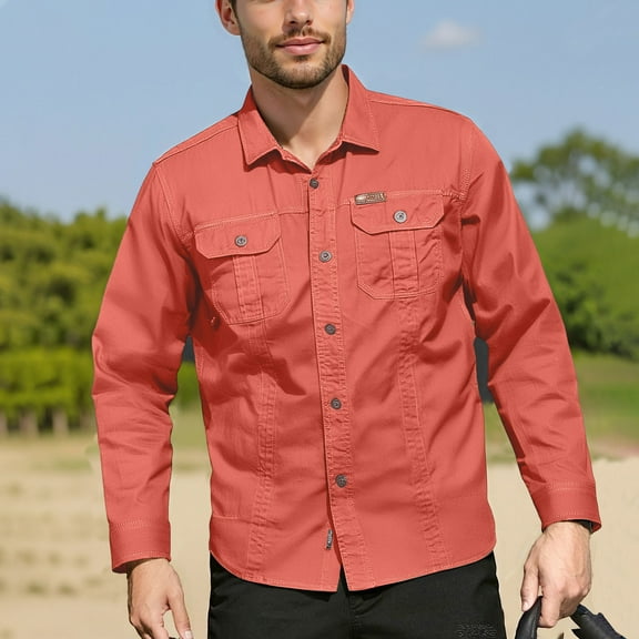 Domuza Men Button Down Shirt Classic Western Retro Long Sleeve Work Shirts Casual Breathable Lightweight Relaxed Fit T-Shirts with Pockets Red XL
