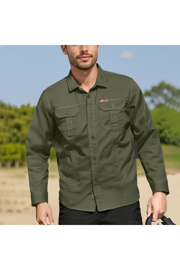 Men Button Down Shirt Western Classic Retro Long Sleeve Work Shirts Casual Lightweight Breathable Baggy Hiking Shirt with Two Pockets Army Green XXL