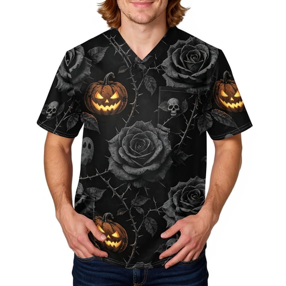 Domuza Men Halloween Scrub Top Funny Spooky Graphics V-Neck Short Sleeve Caregiver Uniform Shirts Comfy Soft Classic Fit Medical Workwear 3XL