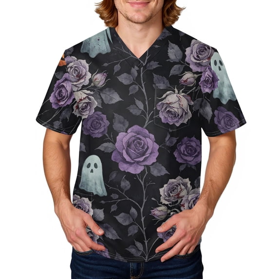 Domuza Men Halloween Scrub Top Novelty Spooky Print V-Neck Short Sleeve Nursing Uniform Shirts Comfy Soft Classic Fit Medical Workwear 5XL