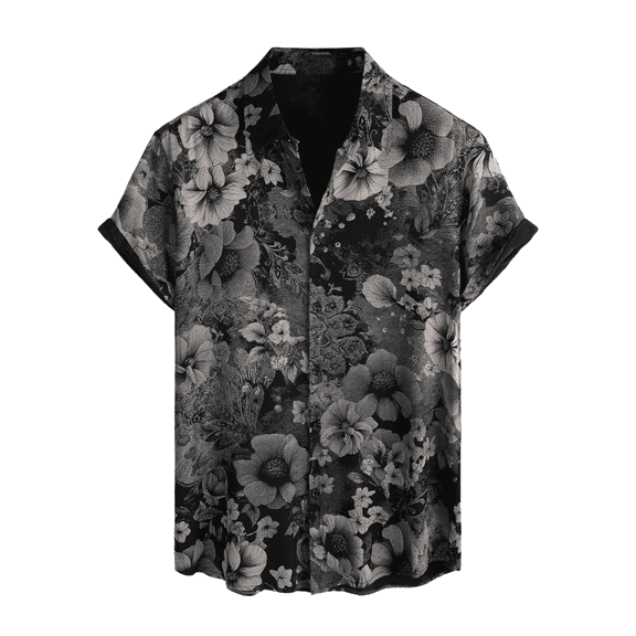 Domuza Men Hawaiian Shirt Short Sleeve Casual Button Up Flower Printed Beach Shirts Summer Tropical Vacation Lapel T-Shirt Dark Gray L