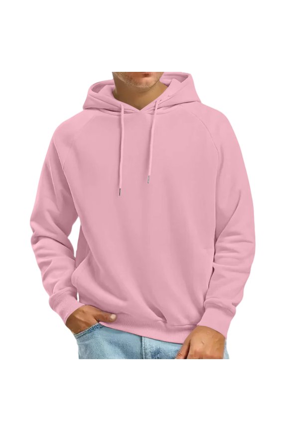 Men Hoodies Casual Fashion Drawstring Long Sleeve Hooded Sweatshirt Fall Winter Basic Essential Raglan Pullover with Kanga Pocket Pink L