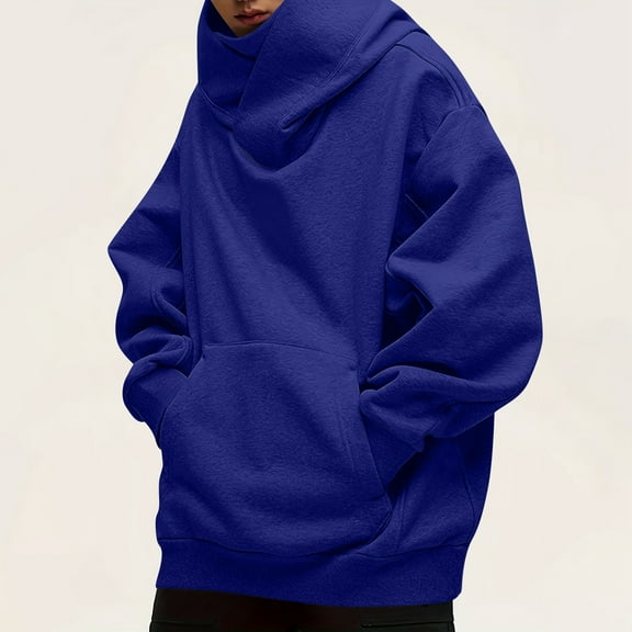Domuza Men Hoodies Cowl Neck Fleece Solid Color Heavyweight Hooded Sweatshirt Fall Winter Thermal Trendy Oversized Pullover with Pocket Blue 2XL