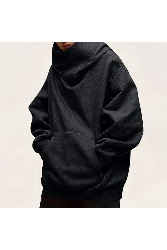 Men Hoodies Cowl Neck Fleece Solid Color Heavyweight Hooded Sweatshirt Fall Winter Warm Stylish Relaxed Fit Pullover Top with Pocket Black S
