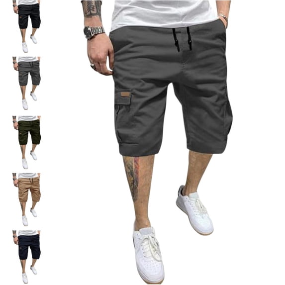 Domuza Men Loose Fit Chino Cargo Shorts, Cotton Twill Stretch Waist Drawstring Design, Multi Pocket Casual Trousers Dark Gray M