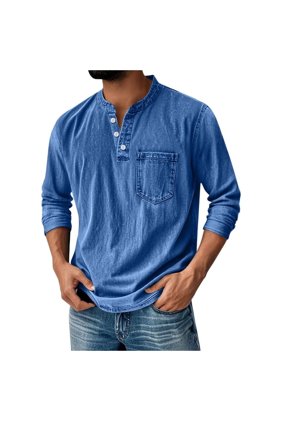 Men Shirts Long Sleeve Vintage Distressed Washed Henley Shirts Cotton Casual Relaxed Fit Collared Button Down Top with Pockets Army Green XL