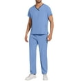 thumbnail image 1 of Domuza Men Scrub Set Loose Fit Short Sleeve V-Neck Solid Color Top & Straight Leg Pants Comfort Soft Stretch Medical Workwear with Pockets Sky Blue S, 1 of 3