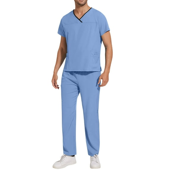 Domuza Men Scrub Set Loose Fit Short Sleeve V-Neck Solid Color Top & Straight Leg Pants Comfort Soft Stretch Medical Workwear with Pockets Sky Blue S