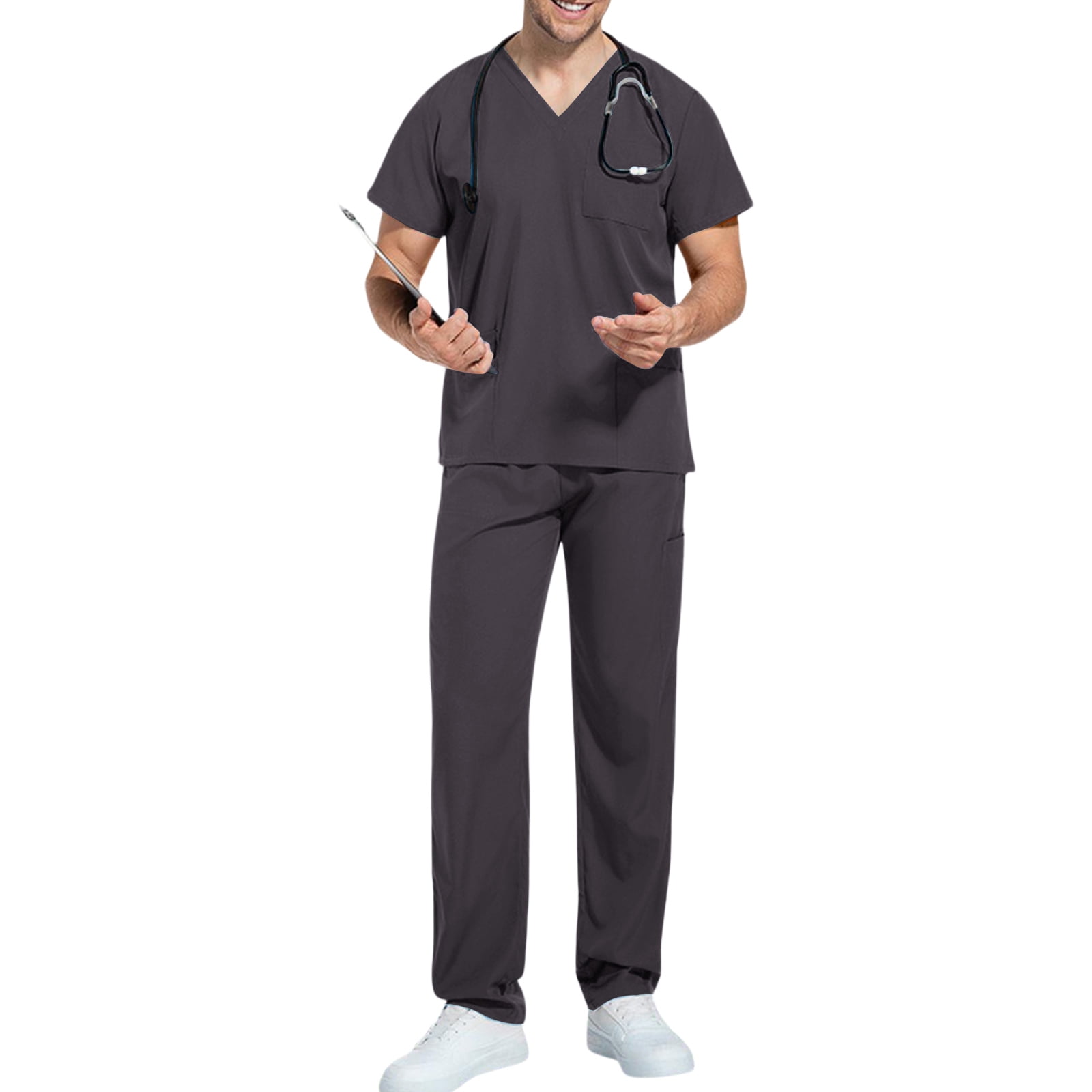Domuza Men Scrub Set Regular Fit Short Sleeve V-Neck Solid Color Top & Straight Leg Pants Stretch Comfort Soft Working Uniform with Pockets Black L