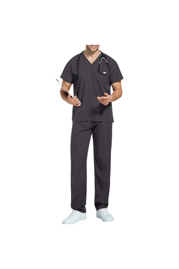 Men Scrub Set Regular Fit Short Sleeve V-Neck Solid Color Top & Straight Leg Pants Stretch Comfort Soft Working Uniform with Pockets Black L