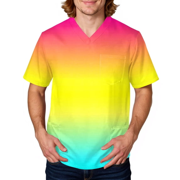 Domuza Men Scrub Top Gradient Tie-Dye Short Sleeve V Neck Working Uniform Big and Tall Soft Comfy Medical Scrub Tops with 3 Pockets Light Blue S