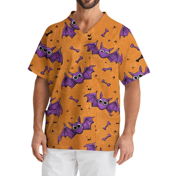 Domuza Men Scrub Top Oversized V-Neck Short Sleeve Horror Novelty Print Caregiver Top Comfort Soft Elastic Working Uniform with Pockets Orange L