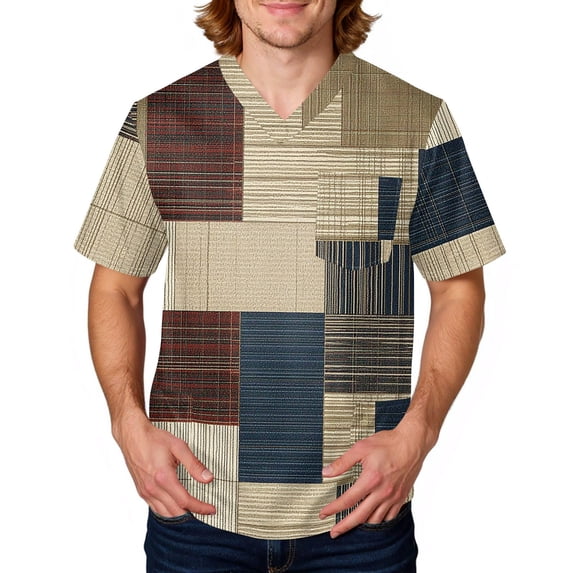 Domuza Men Scrub Top Plaid Stripe Printed V Neck Short Sleeve Nursing Uniform Loose Fit Comfy Soft Medical Workwear with 3 Pockets Khaki 5XL