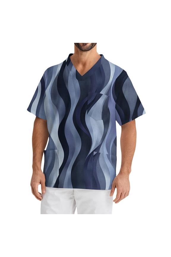 Men Scrub Top Plus Size Short Sleeve V-Neck Work Uniform Landscape Geometric Graphic Stretch T-Shirt Soft Comfort Nurse Top with Pockets Blue XL