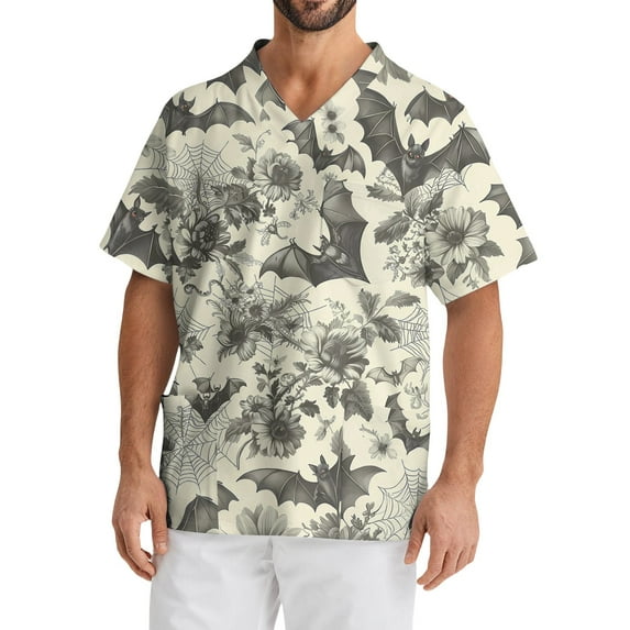 Domuza Men Scrub Top Plus Size V Neck Short Sleeve Horror Funny Print Nursing Top Comfort Soft Elastic Working Blouse with Pockets Light Gray 4XL