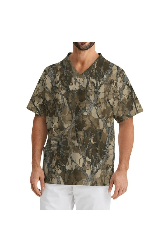 Men Scrub Top Plus Size V-Neck Short Sleeve Medical Workwear Camo Print Stretch T-Shirt Soft Comfort Caregiver Tops with Pockets Army Green XXXL