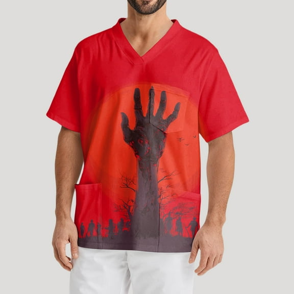 Domuza Men Scrub Top Plus Size V-Neck Short Sleeve Novelty Funny Print Carer Top Comfort Soft Elastic Working Uniform with Pockets Deep Red 3XL