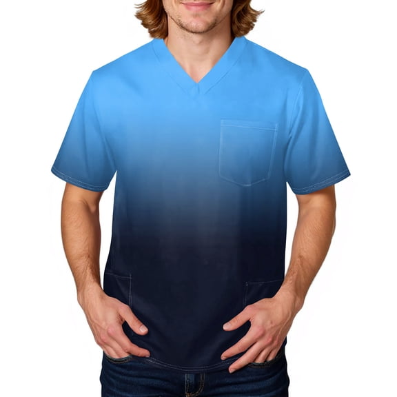 Domuza Men Scrub Top Tie-Dye Gradient Short Sleeve V Neck Carer Uniform Relaxed Fit Comfy Soft Medical Scrub Tops with 3 Pockets Blue 3XL
