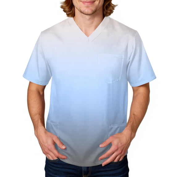 Domuza Men Scrub Top Tie-Dye Gradient Short Sleeve V Neck Work Uniform Loose Fit Soft Comfy Medical Scrub Tops with 3 Pockets White 2XL