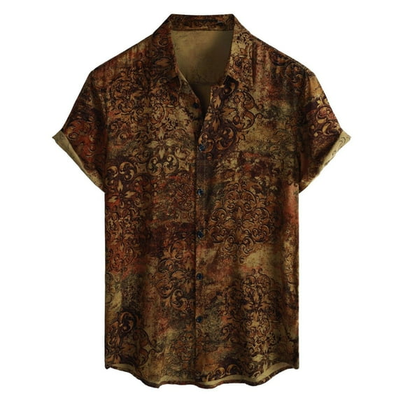 Domuza Men Shirts Casual Hawaiian Short Sleeve Beach Shirts Tropical Flower Printed Button Down T Shirts Lapel Vacation Summer Blouse Brown M