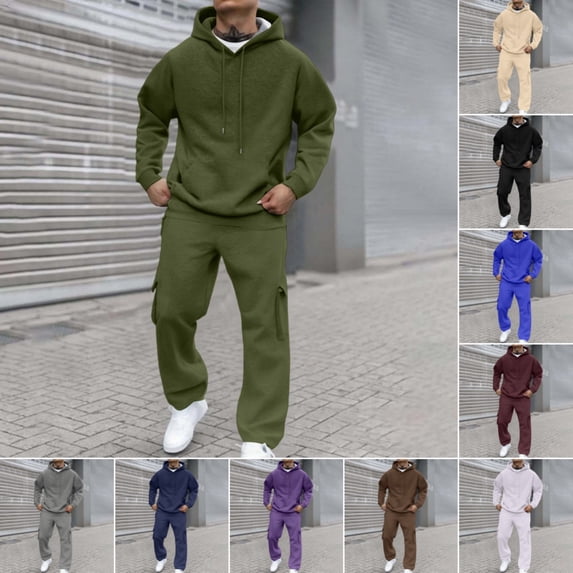 Domuza Men Sweatsuits Sets 2 Piece Fleece Hoodie Sweatshirt & Joggers Sweatpants Set Workout Casual Sweatsuit Fall Winter Jogging Suit Army Green XL