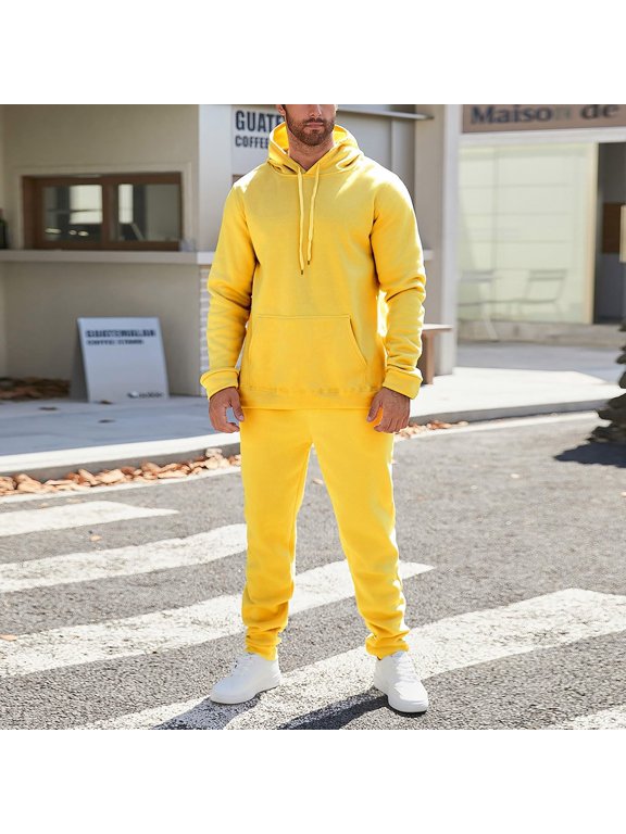 Men Sweatsuits Sets Pure Color Fleece Drawstring Hoodies Pullover and Jogger Sweatpants Casual Workout Hooded Set Jogging Suit Yellow L