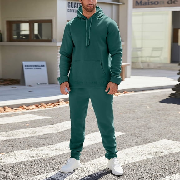 Domuza Men Sweatsuits Sets Solid Color Fleece Drawstring Hoodies Pullover and Jogger Sweatpants Sport Casual Jogging Suit Sweat Suits Dark Green 3XL