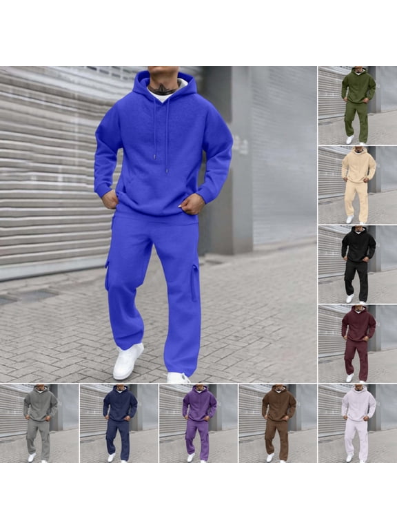 Men Track Suits 2 Piece Set Fleece Hoodie Sweatshirt & Joggers Sweatpants Set Sports Casual Tracksuits Fall Winter Jogging Suit Blue 3XL