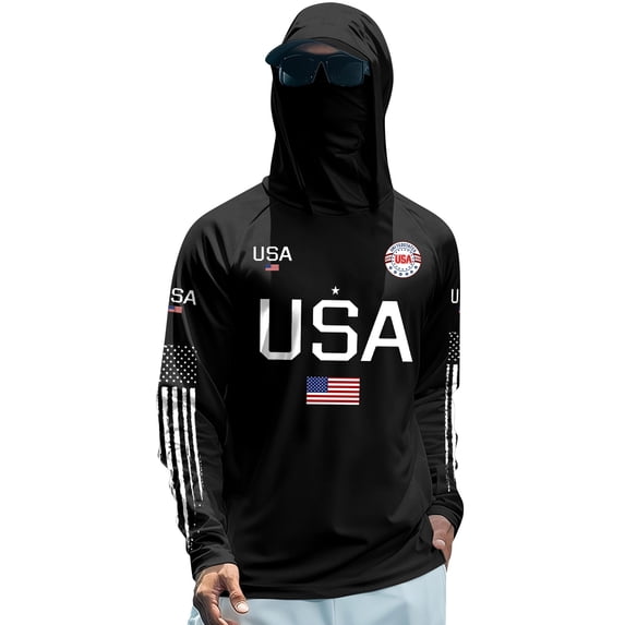 Domuza Men Upf 50+ Fishing Shirts American Flag Graphics Long Sleeve Sun Protection Hoodie New Outdoor Running Hiking Rash Guard Tops Black S