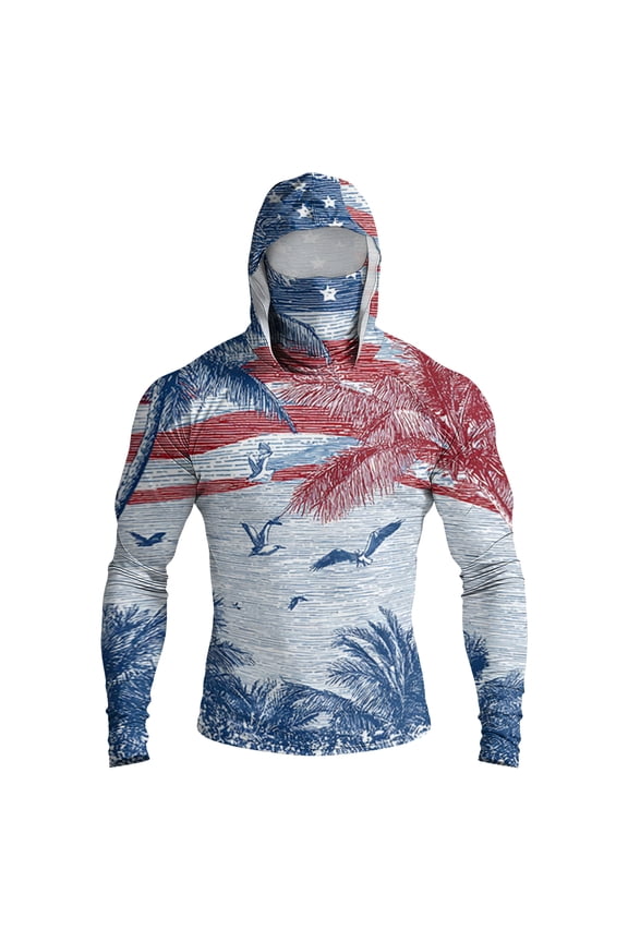 Men Upf 50+ Fishing Shirts American Flag Pattern Long Sleeve Protection Sun Hoodie Summer 2026 Outdoor Running Hiking Rash Guard Tops Light Blue 2XL
