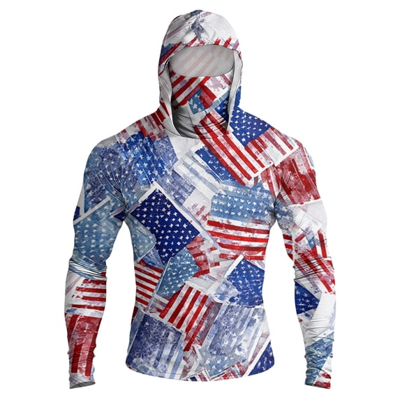 Domuza Men Upf 50+ Fishing Shirts American Flag Pattern Long Sleeve Sun Protection Hoodie New Outdoor Running Hiking Rash Guard Top Red XL