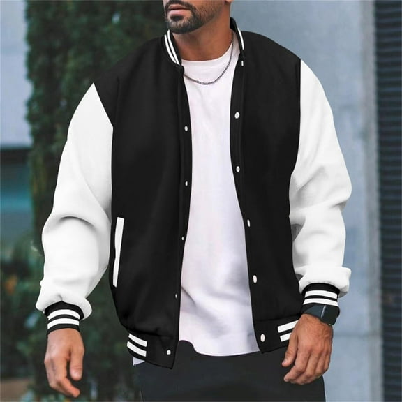 Domuza Men Varsity Jacket Casual Trendy Slim Fit Letterman Baseball Bomber Jackets Classic College Style Lightweight Button Up Sweatshirt Black M